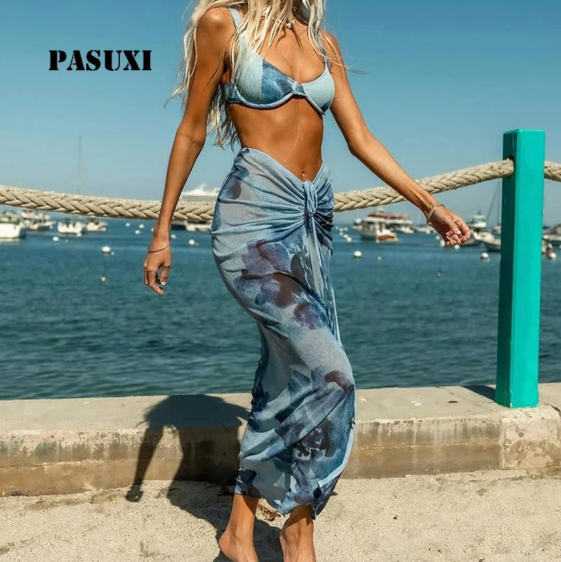 PASUXI Women's 3 Piece Bikini Set Swimwear Cover up Mesh Sarong Beachwear Summer Swim Suit
