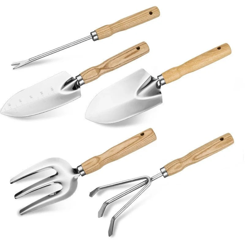5-Piece Lightweight Multifunction DIY Garden Tool Set Wooden Handles Stainless Steel Hand Tools for Planting Digging OEM