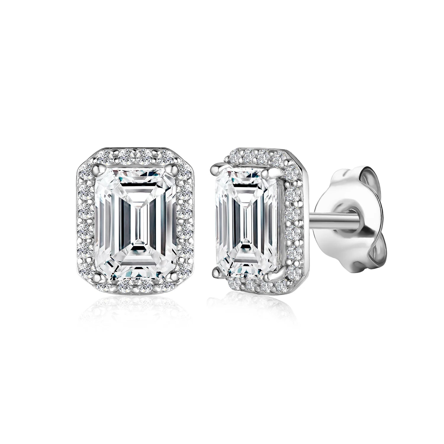 1CT Emerald Cut  Lab Grown Diamond 925 Sterling Silver Baguette Moissanite Halo Stud Earrings Women  Destiny Jewellery