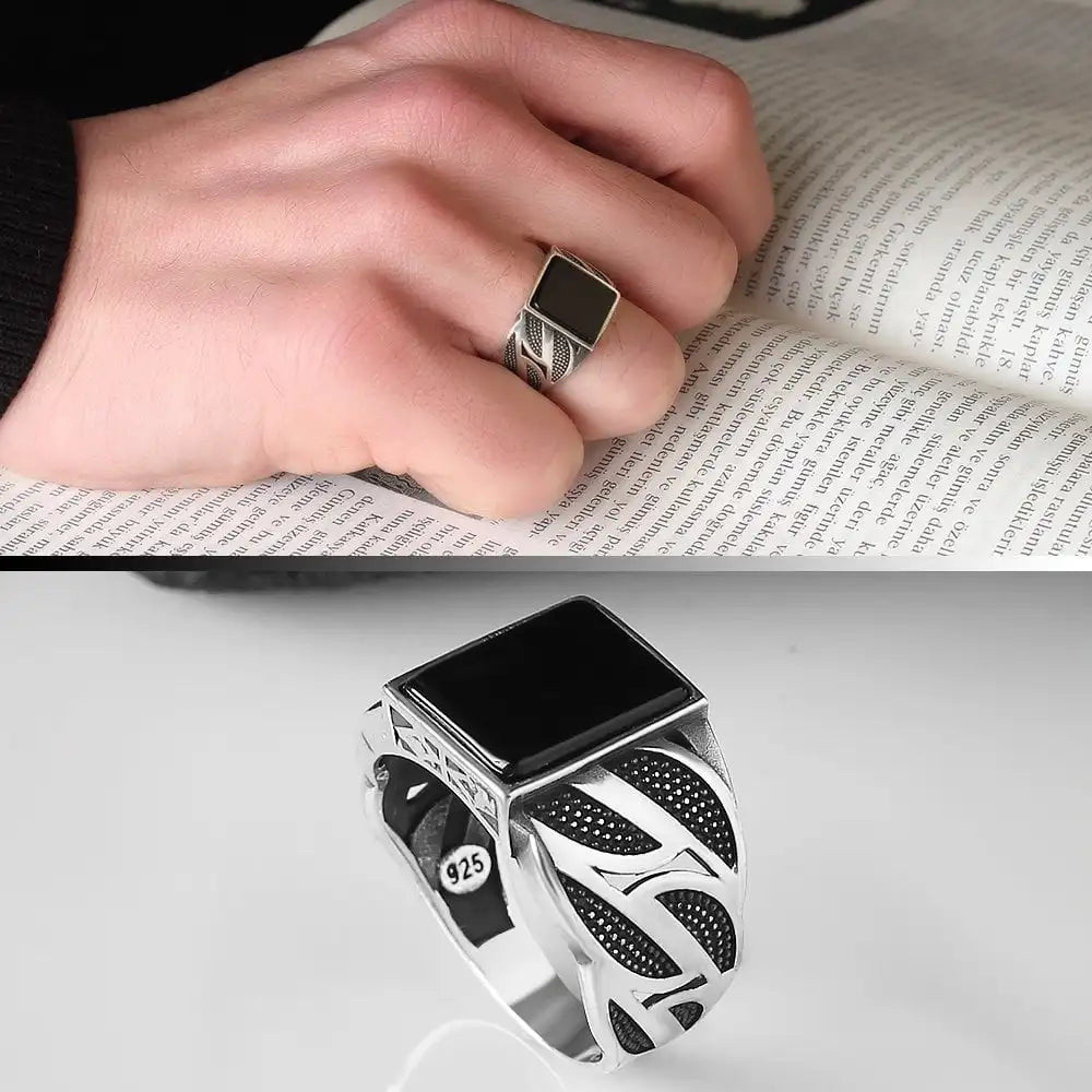 Turkish 925 Sterling Silver Men's Ottoman Style Ring with Natural Agate Stone Azuris VALKH1226