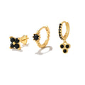 CANNER 3Pcs/Set 925 Sterling Silver Ins Style Black Stones Flower Earrings Set Round Huggie Hoop Earrings Set for Women Jewelry