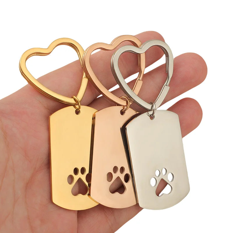 HOT Heart Shaped Keyring Car Keychain Custom Name Stainless Steel Hollow Pet Dog Paw Blank Square Dog Tag Keychains for Men
