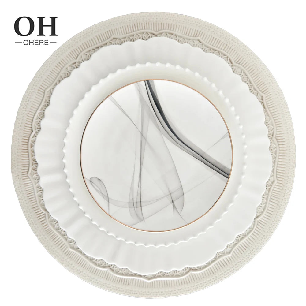 Wholesale White Lace Charger Plate Microwave and Dishwasher Safe CeramicTableware Set Simple Bone China Dinner Plates