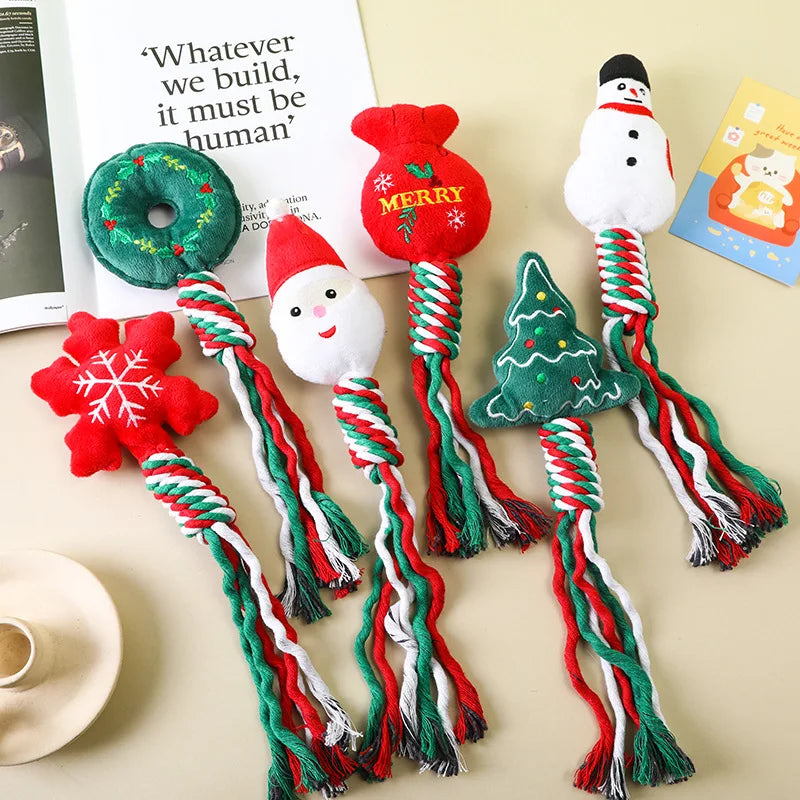 Cute Themed Dog Christmas Chew Plush Toy Sets With Squeaker Knot Bundle Cotton Rope