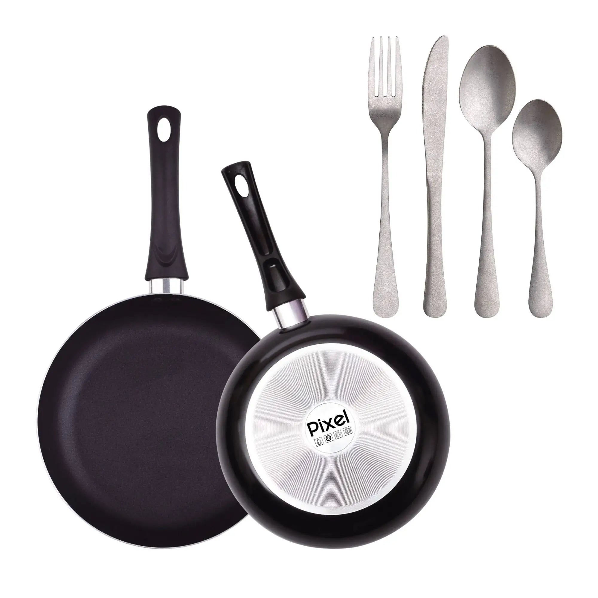 Set of 2 frying pans 2024cm in pressed aluminum and non-stick + Set of 16 stainless steel cutlery PIXEL Chef Sauce