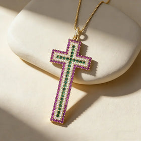 QIKU Luxury Religion Cross Shape Crystal Christianity Necklace Women Pendant Copper Zircon Pray Jewelry Accessories Unisex Gift