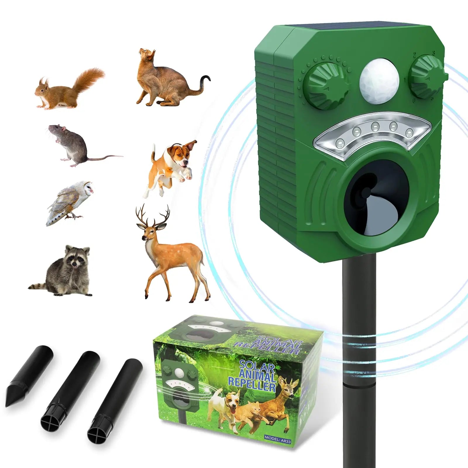 Flashing Light Solar Ultrasonic Animal Repellent Outdoor Deer Skunk Repellent Waterproof Raccoon Deterrent Cat Repeller