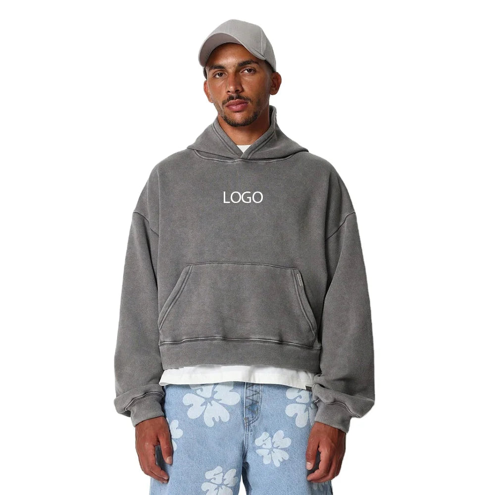 Relaxed Boxy Fit Pullover Hoodie with Washed Finish Drop Shoulder Construction and Custom Logo Placement Options