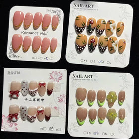 Handcrafted Luxury Pink Mushroom 3D Bow Flower Gold Line French Custom Oval False Nails 074 075 076 077