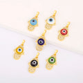 QIKU Wholesale Hamsa Hand Glaze Eye of Evil Pendant Gold Filled Pave Zircon Crystal Metallic Charm for Jewelry Making