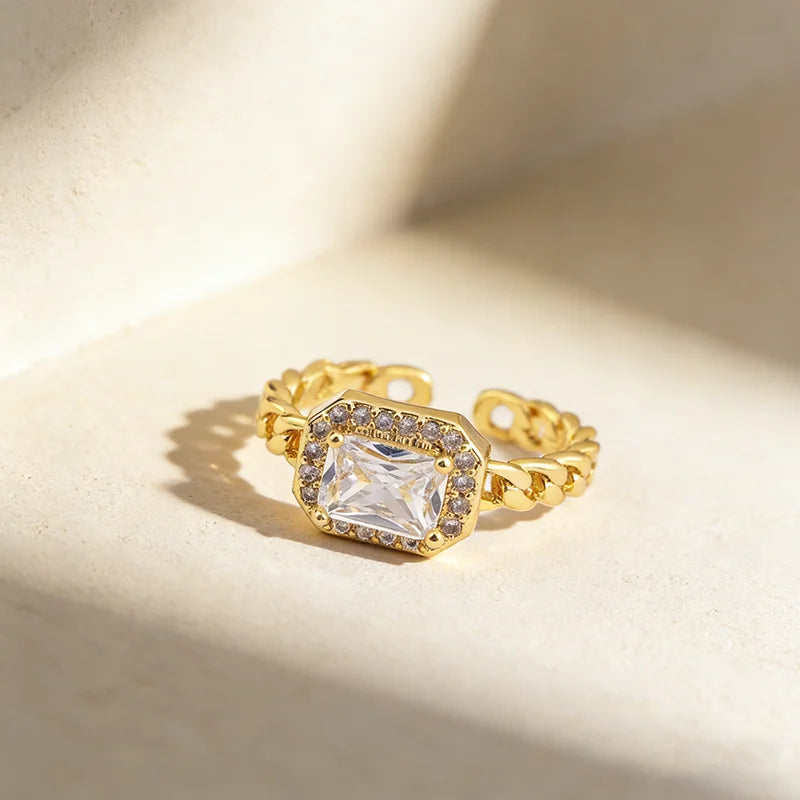 QIKU New Fashion Women Wedding Engagement Open Adjustable Gold Color Link Chain Square Shape Big Diamond Ring Jewelry Customized