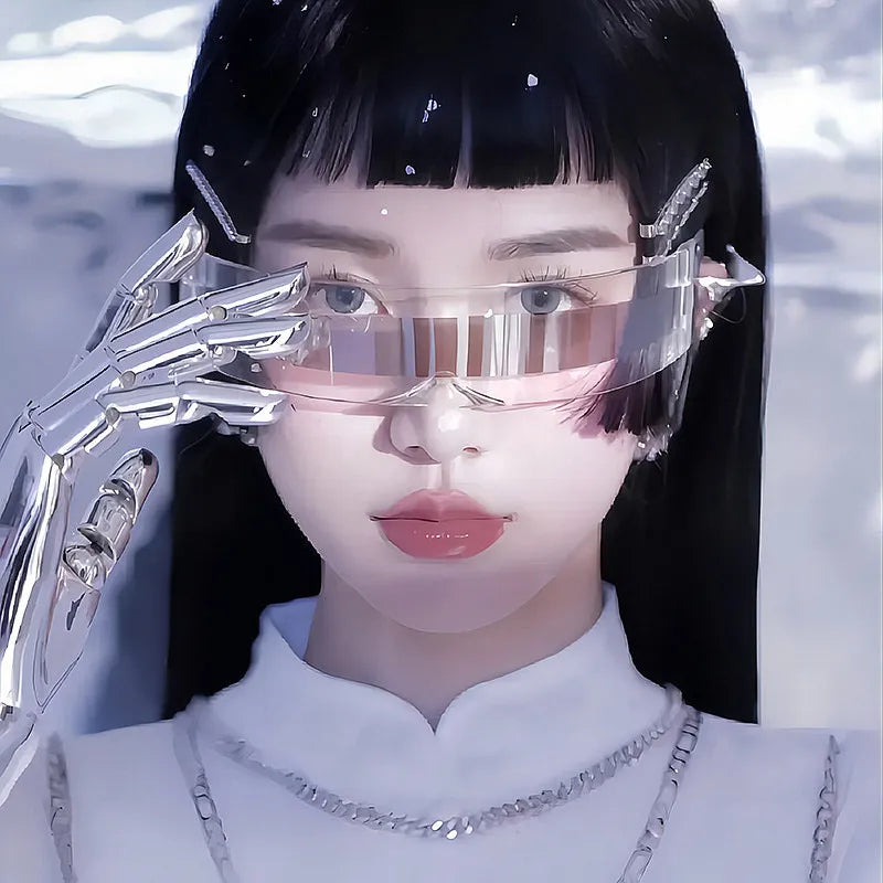 Wholesale Men Women Futuristic Party Glasses One Piece Wrap Around Silver Mirror Sunglasses Cyberpunk Goggles