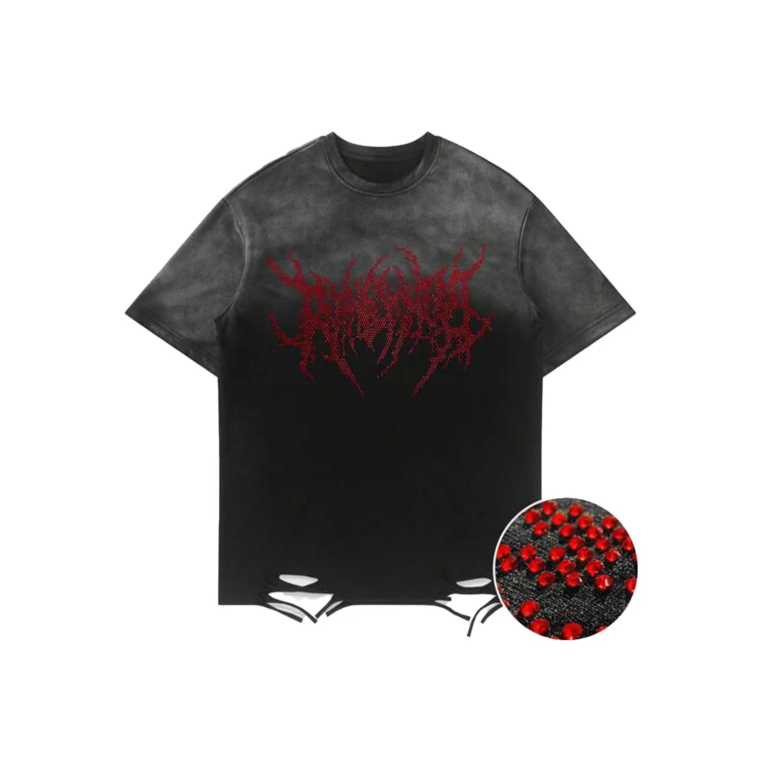 Wholesale Custom Red Flame Rhinestone TShirt Streetwear Distressed Tie Hem Hip Hop 100% Cotton Tee Men's T-shirts