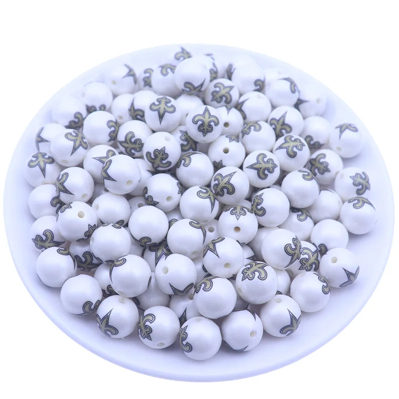 Wholesale 16mm New Orleans Saints White Acrylic Chunky Printed Matte Beads DIY Jewelry Bracelets