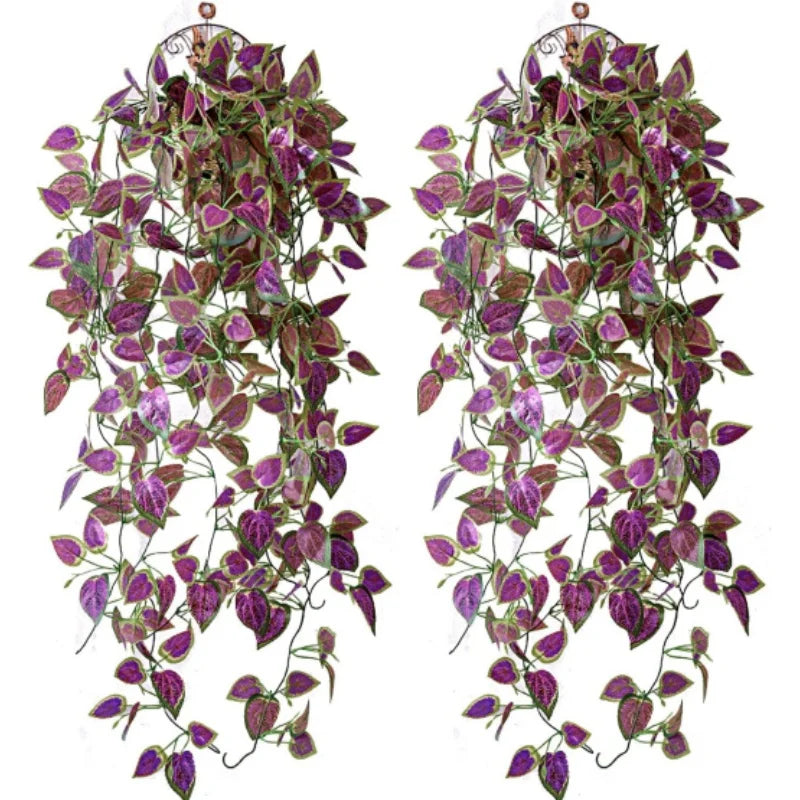 Artificial Perilla Leaves Hanging Plants 5 Forked Basil Leaves Ivy Vine Plants for Wall Garden Party Decoration Without Basket