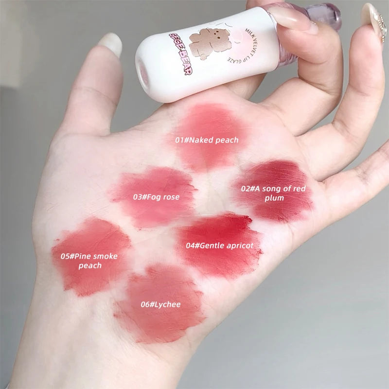 Gege Bear Milk Velvet Lip Gloss Misty Cute Plain Makeup Holding Matte Non Easy Stick Cup Mini Lip Color MegaBDM