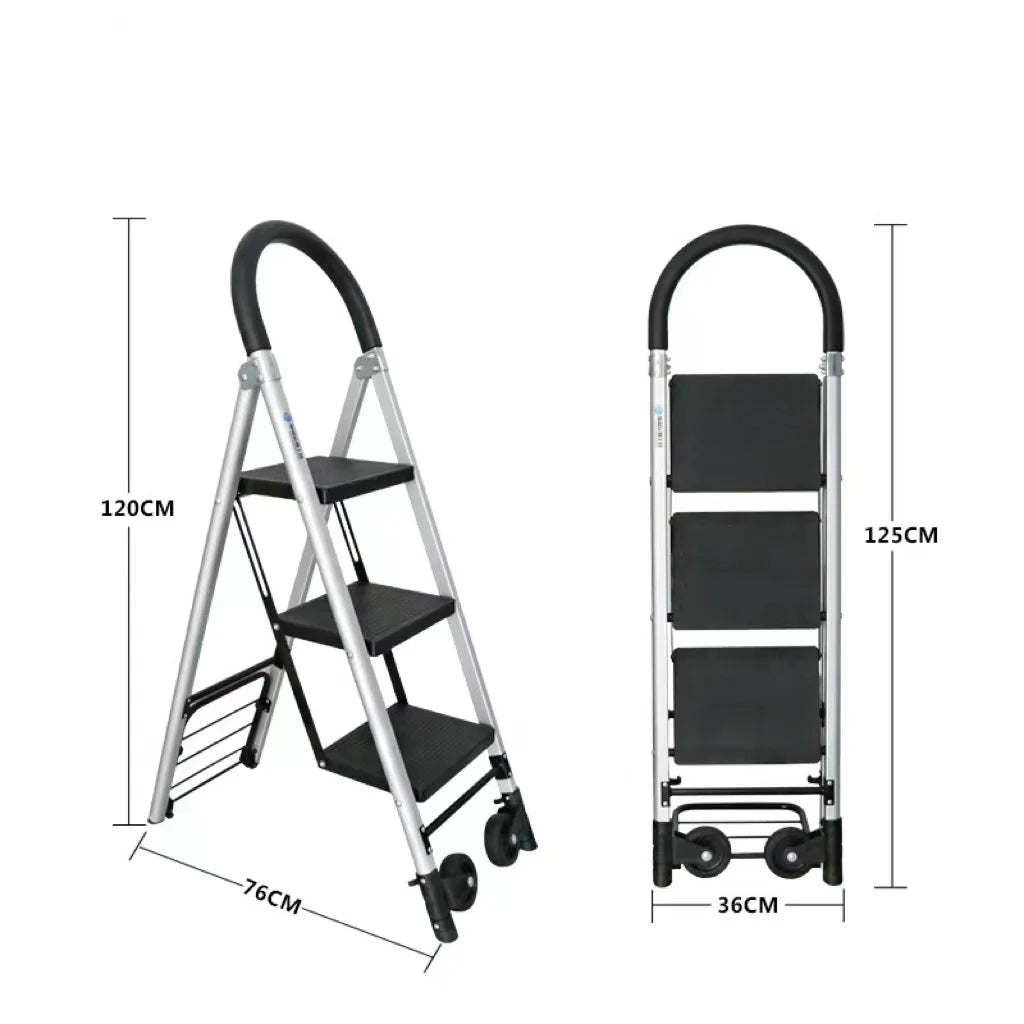 3-step Folding Aluminum Alloy Combination Ladders 120kg 2-wheel Industrial Handcart Ladder
