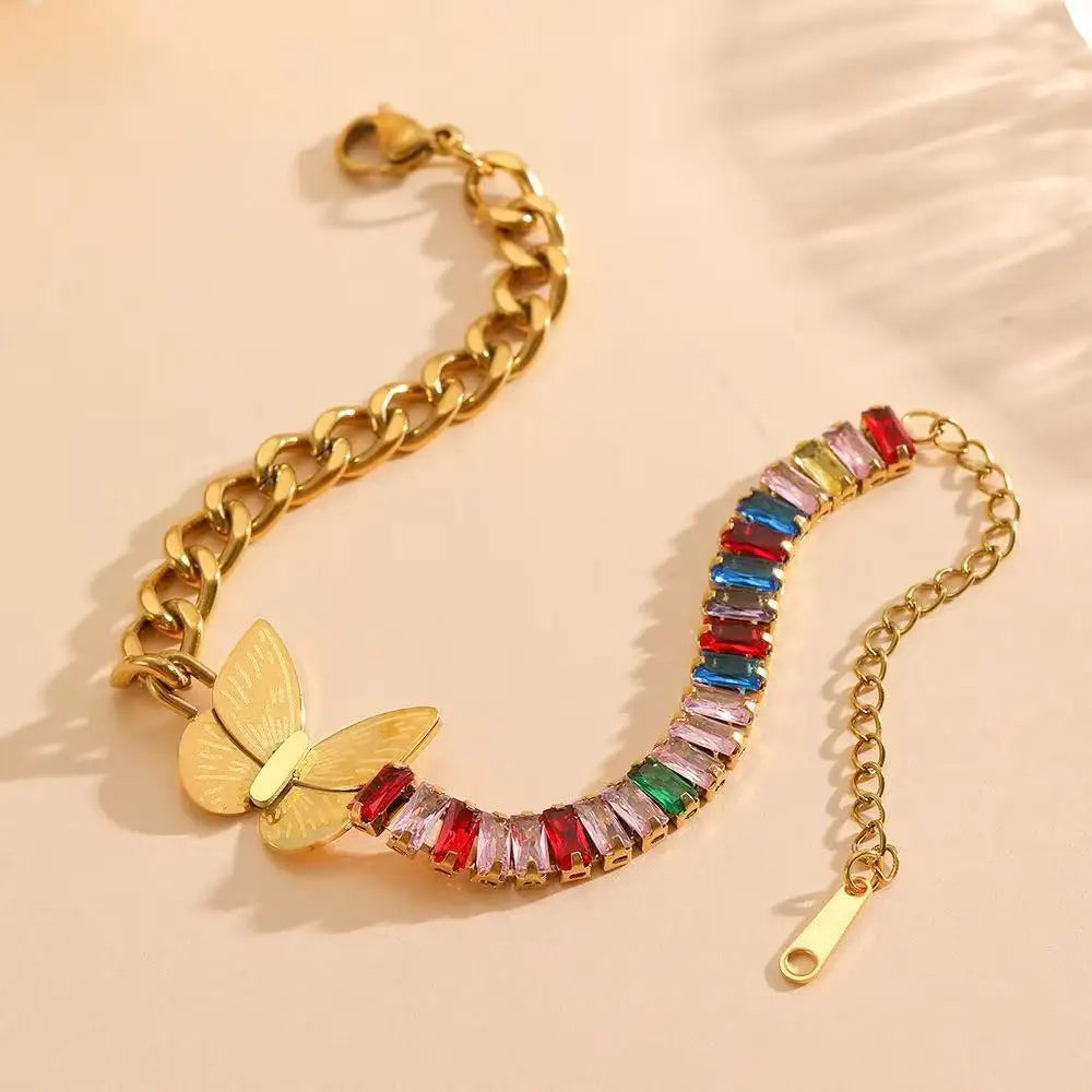 Delicate Adjustable Colorful Zircon Cuban Chain Joint Bracelet 18K Gold Plated Stainless Steel Butterfly Pendant Bracelet