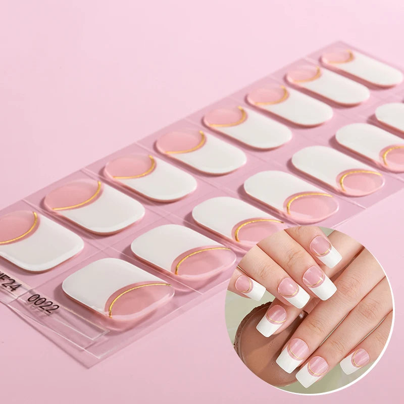 Glitter French Nail Tips Design Waterproof Long Lasting Semi Cured Gel Nail Strips for Women Lady DIY Nail Art Salon