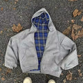 Clothing Manufacturers Custom French Terry Cotton Double Layer Zipper Reversible Plaid Boxy Cropped Check Plaid Hoodies Men