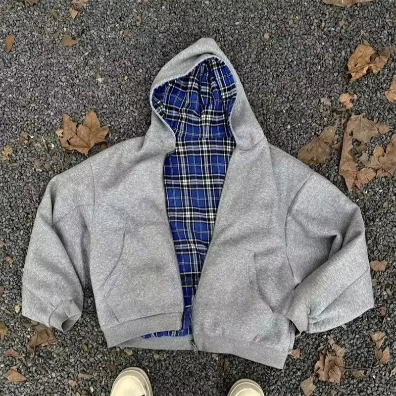 Clothing Manufacturers Custom French Terry Cotton Double Layer Zipper Reversible Plaid Boxy Cropped Check Plaid Hoodies Men