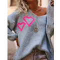 Women's Autumn Heart Oversized Sweater V-Neck Long Sleeve Drop Shoulder Pullover Knit Tops Casual Streetwear Color Blocking