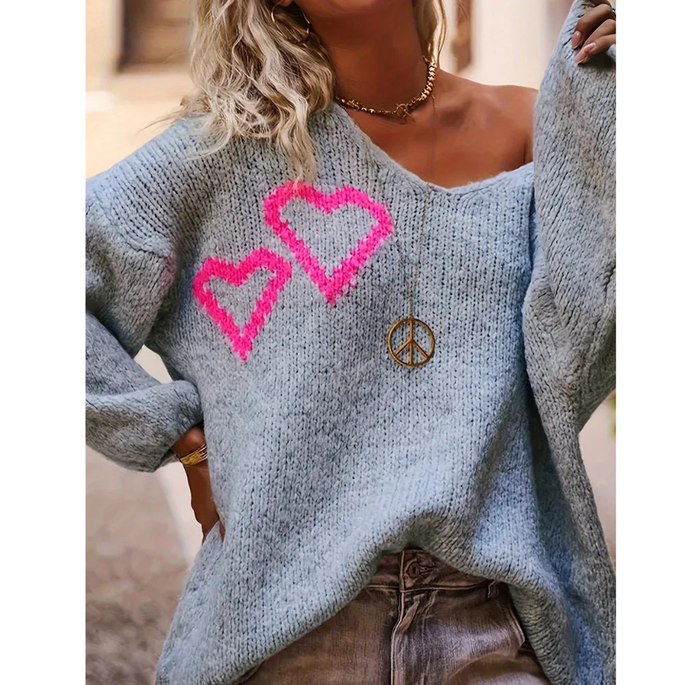 Women's Autumn Heart Oversized Sweater V-Neck Long Sleeve Drop Shoulder Pullover Knit Tops Casual Streetwear Color Blocking