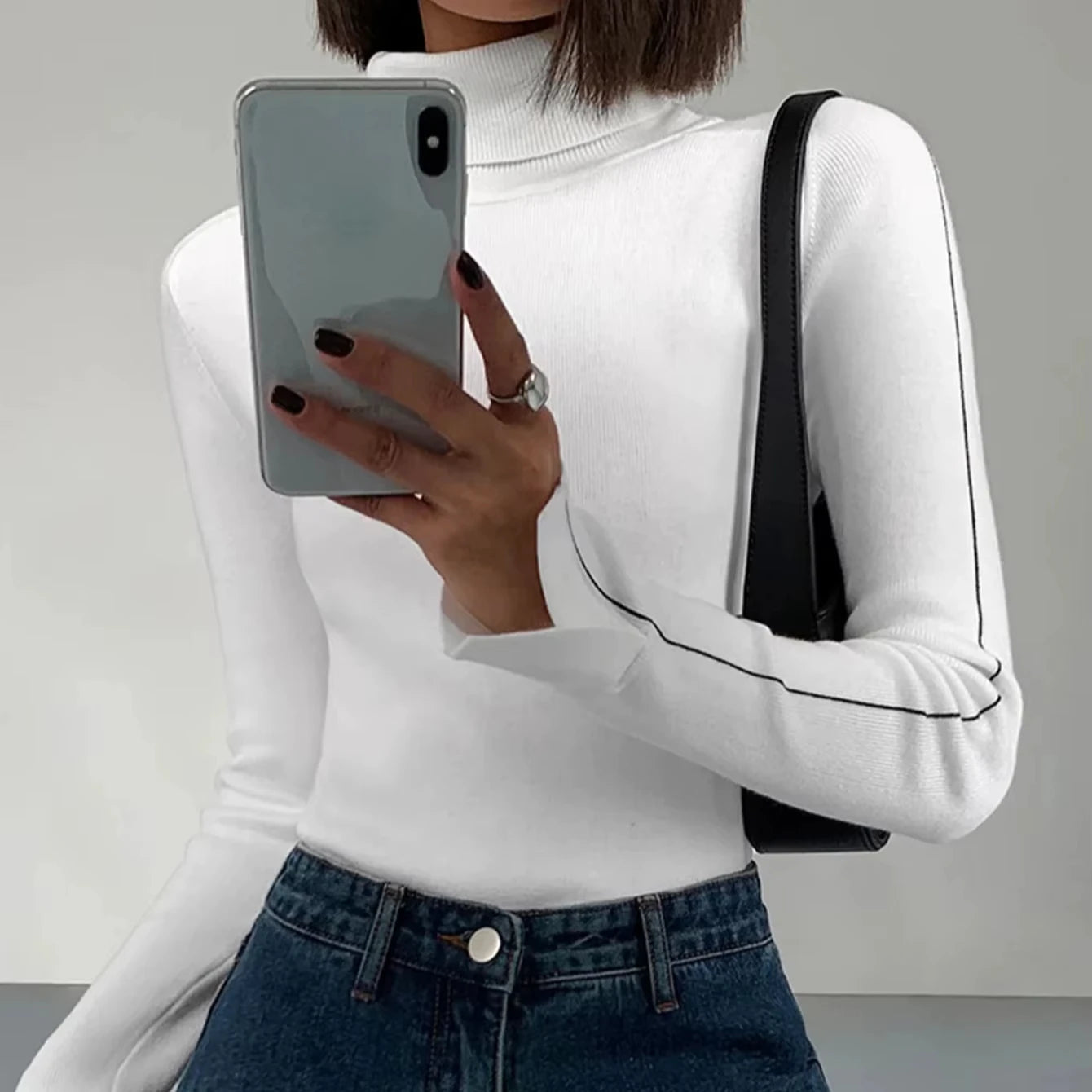 Casual Knitted Solid Pullover Sweater for Women Long Sleeve Turtleneck Autumn Season Front Logo Quick Dry Breathable
