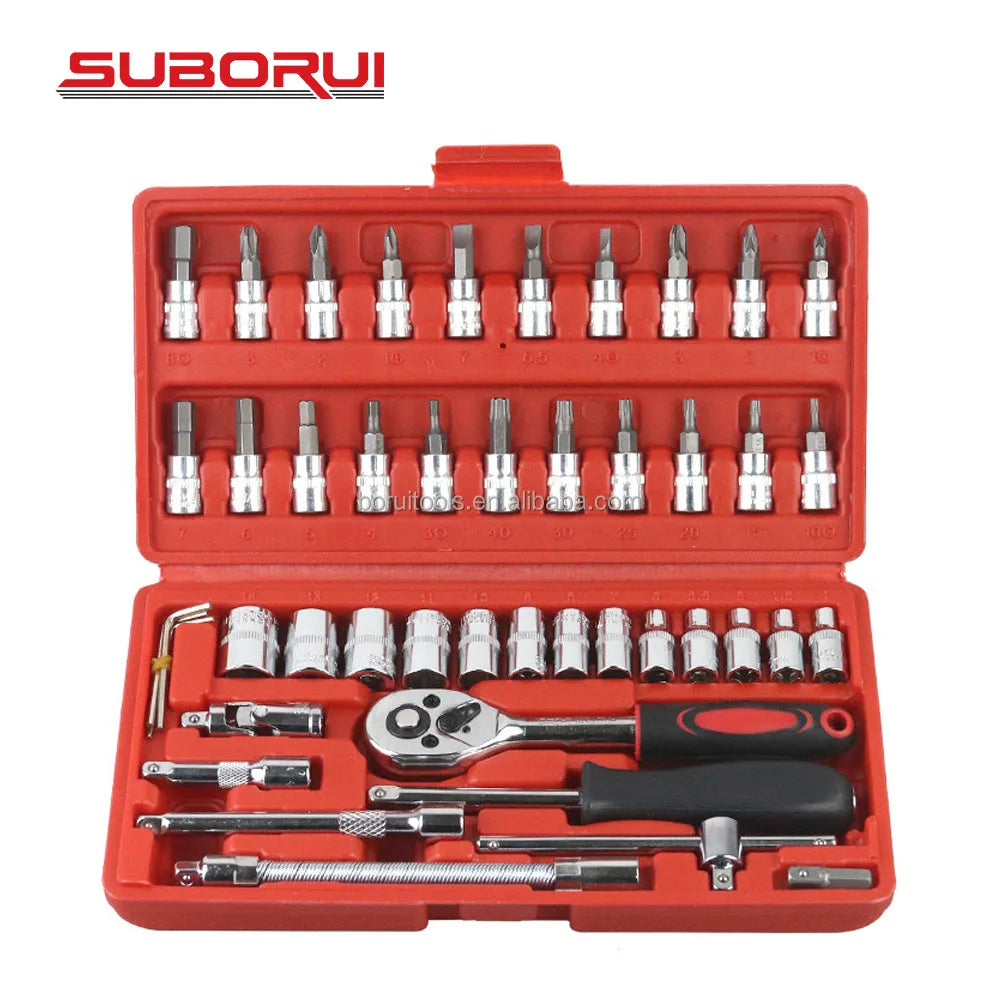 SUBORUI 46pc 1/4-In Socket Wrench Tool Bit Ratchet Wrench Set Hand Car Repair Socket Set
