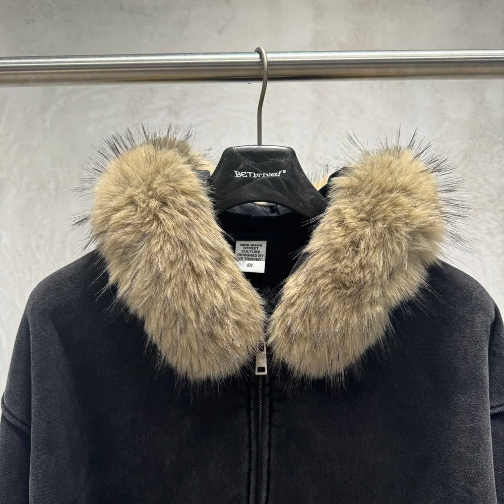 Wholesale Custom Oversized Zip Hoodie Men's Boxy Style Heavyweight Cotton Faux Fur Hood & Distressed