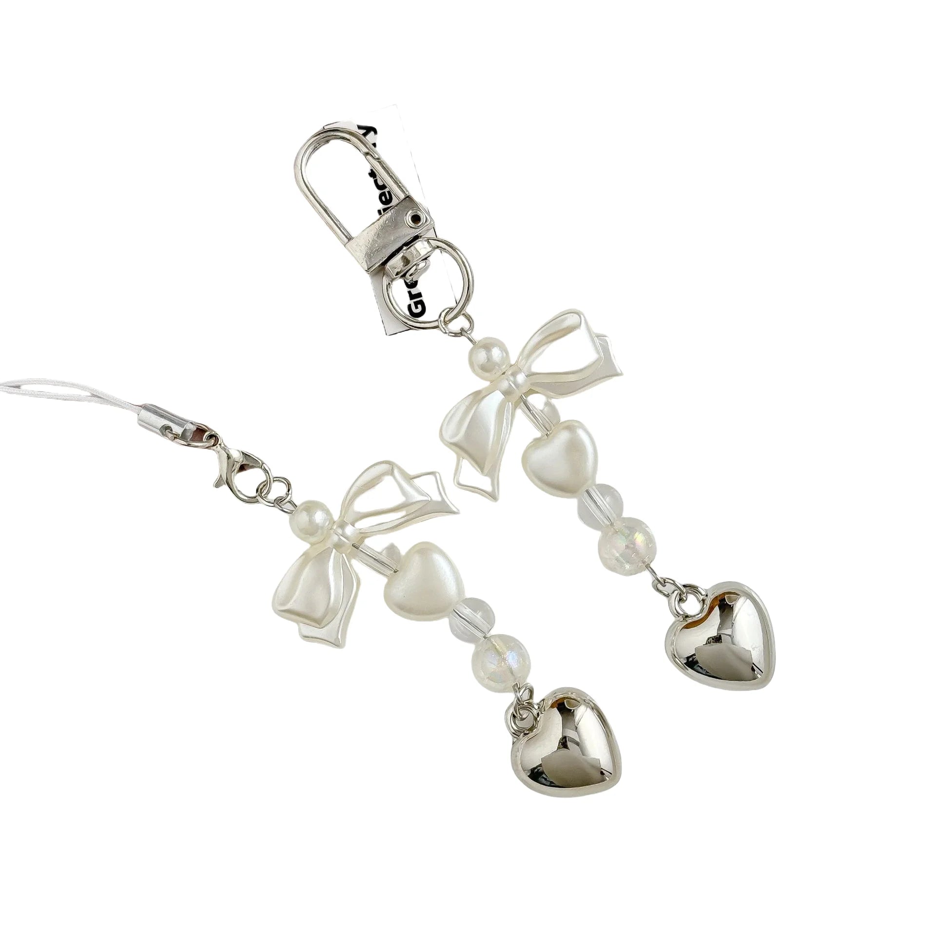 Wholesale Simple Bow Beaded Keychain Bowknot Pendant Sweet Heart Pearls Silver Love Phone Chain Bag Hanging Charm Decoration