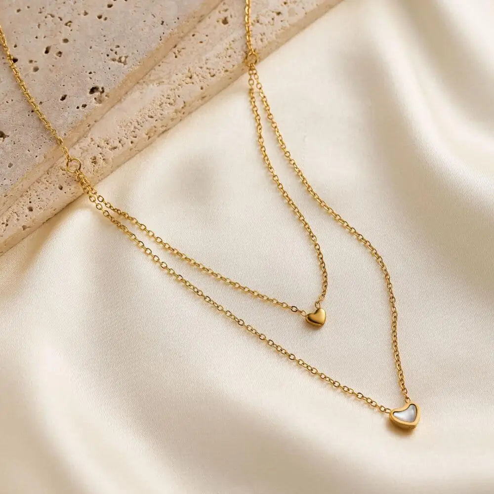 New Fashionable Premium Double Layered Stacked Necklace Light Luxury White Shell Love Stainless Steel Necklace
