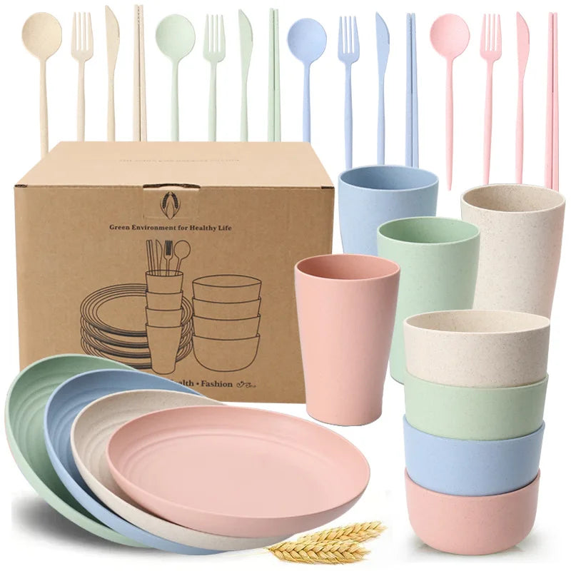 Wheat Tableware Set Household Children's Anti-fall Tableware Plate Bowl Water Cup Set Other Tableware Wheat Straw Round