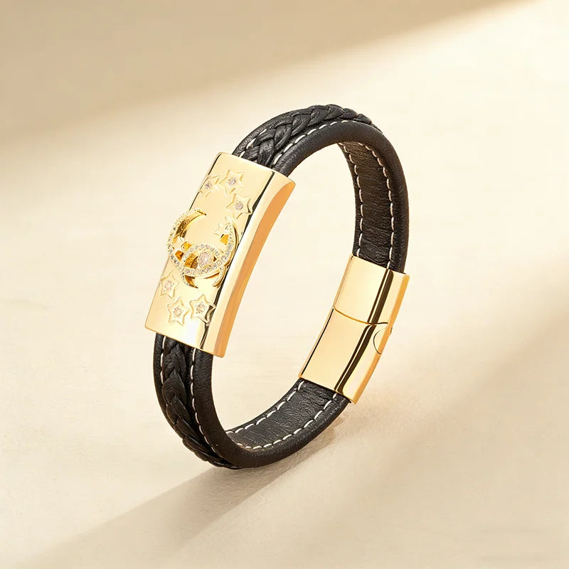 Classic Moon Star Crystal Woven Leather Bracelets Rope Wrap Stainless Steel Magnet Snap Mens Black Bangles DIY Customization
