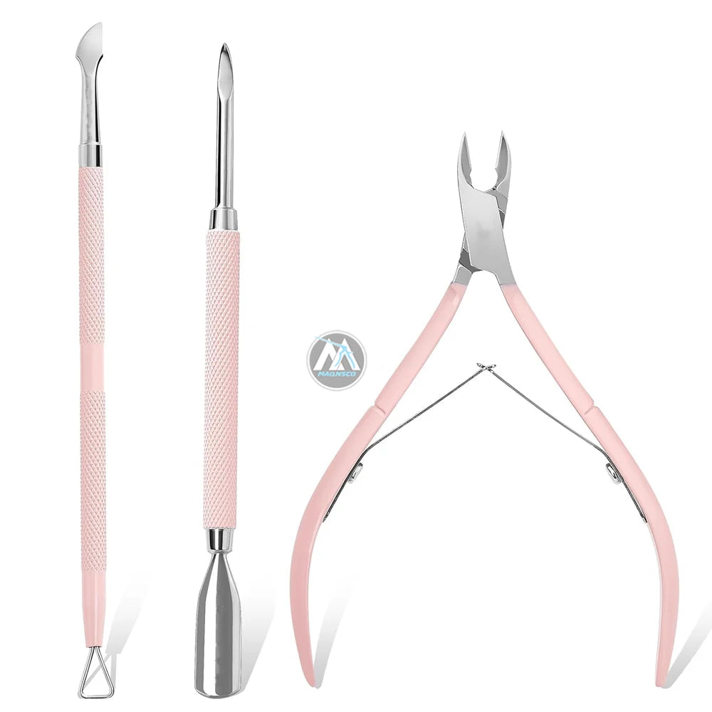 Cuticle Trimmer Cuticle Pusher Nail Nipper 3-Piece Stainless Steel Baby-Friendly Pink Professional Pedicure Manicure Tools Wide