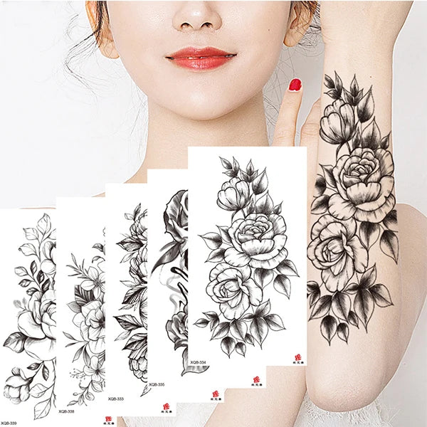 Runzio XQB 331-360 Waterproof Disposable Tattoo Stickers for Women Black Flower Half Sleeves Temporary Tattoos 114x210mm CE