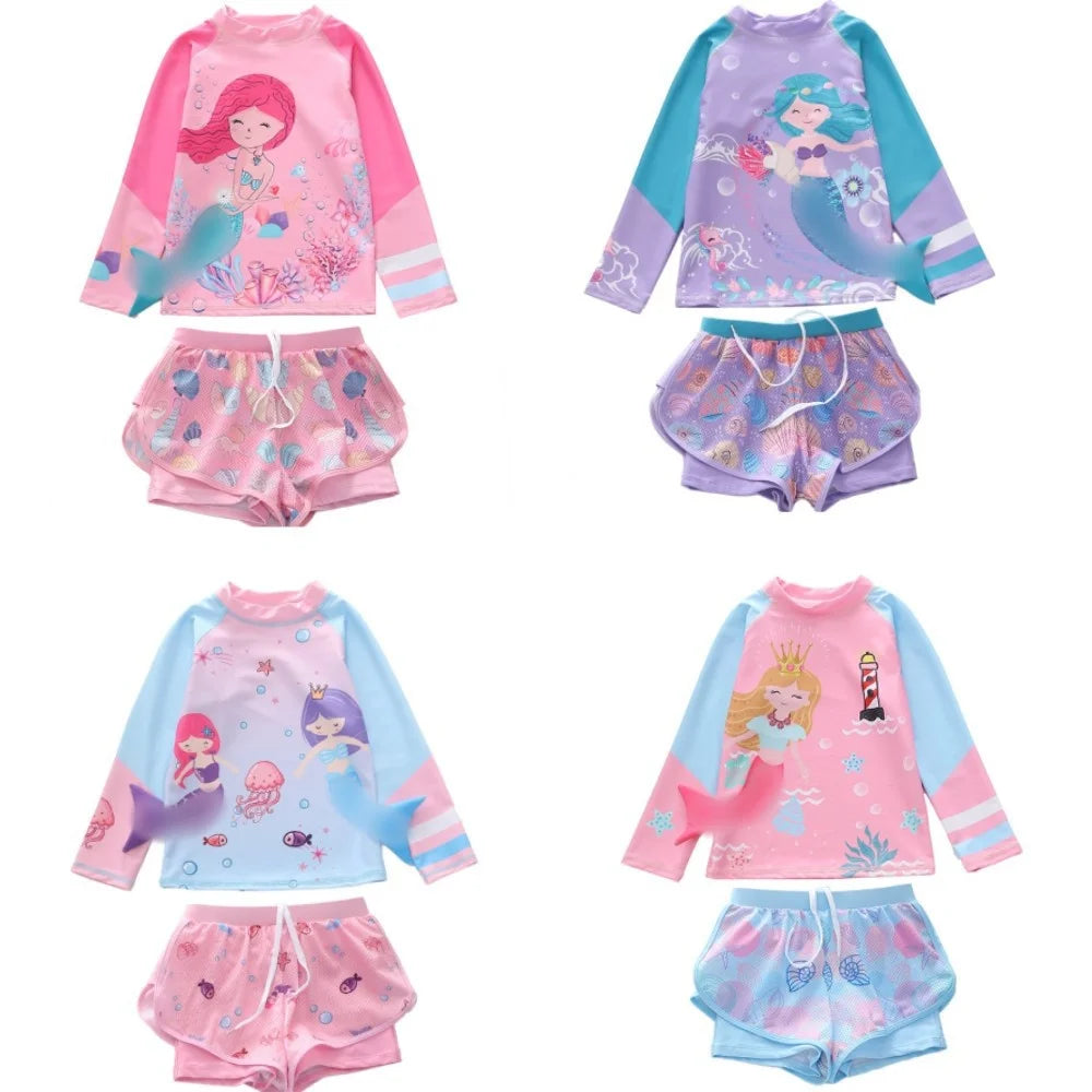 2024 New Arrival Children's Split Long Sleeved Beach Pants 2-Piece Set Girl's Cartoon Flat Angle Pants Skirt Swimsuits