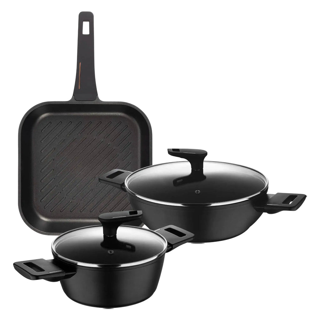 Set of 2 Low Casseroles 20cm (2.2L) + 28cm (4.2L) with lids in forged aluminum + Grill pan 28x28cm in cast aluminum Copper