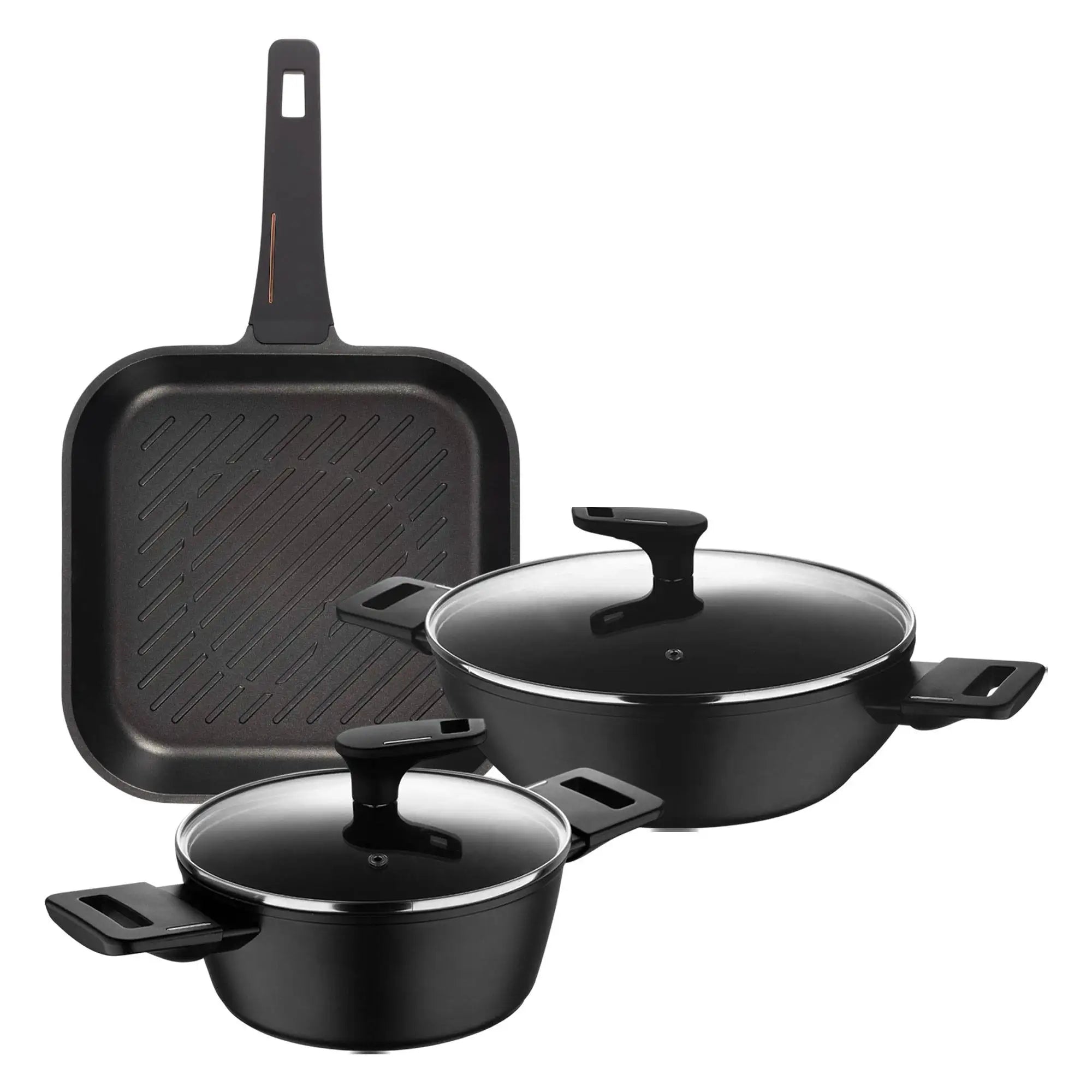 Set of 2 Low Casseroles 20cm (2.2L) + 28cm (4.2L) with lids in forged aluminum + Grill pan 28x28cm in cast aluminum Copper
