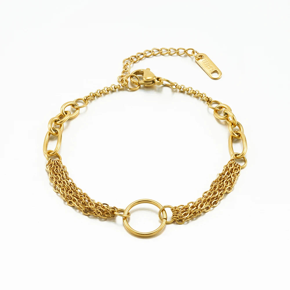 Latest 18K Gold Plated Stainless Steel Jewelry Simple Multi-layer Chain Cuff Bracelet Waterproof for Women Bracelet B242476
