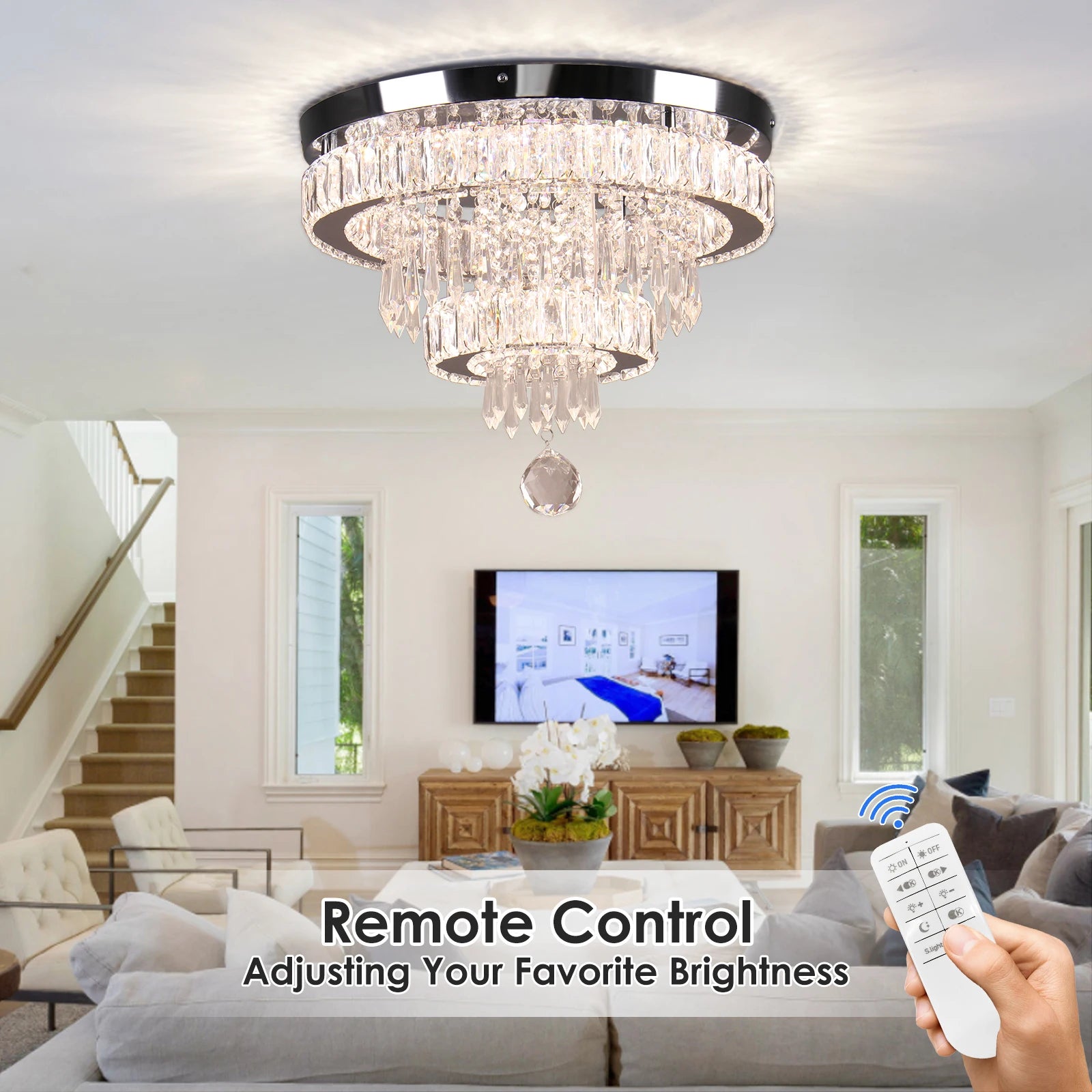 Crystal Ceiling Light LED 16" Modern Crystal Chandeliers With Remote Control Crystal Chandelier Flush Mount Ceiling Light