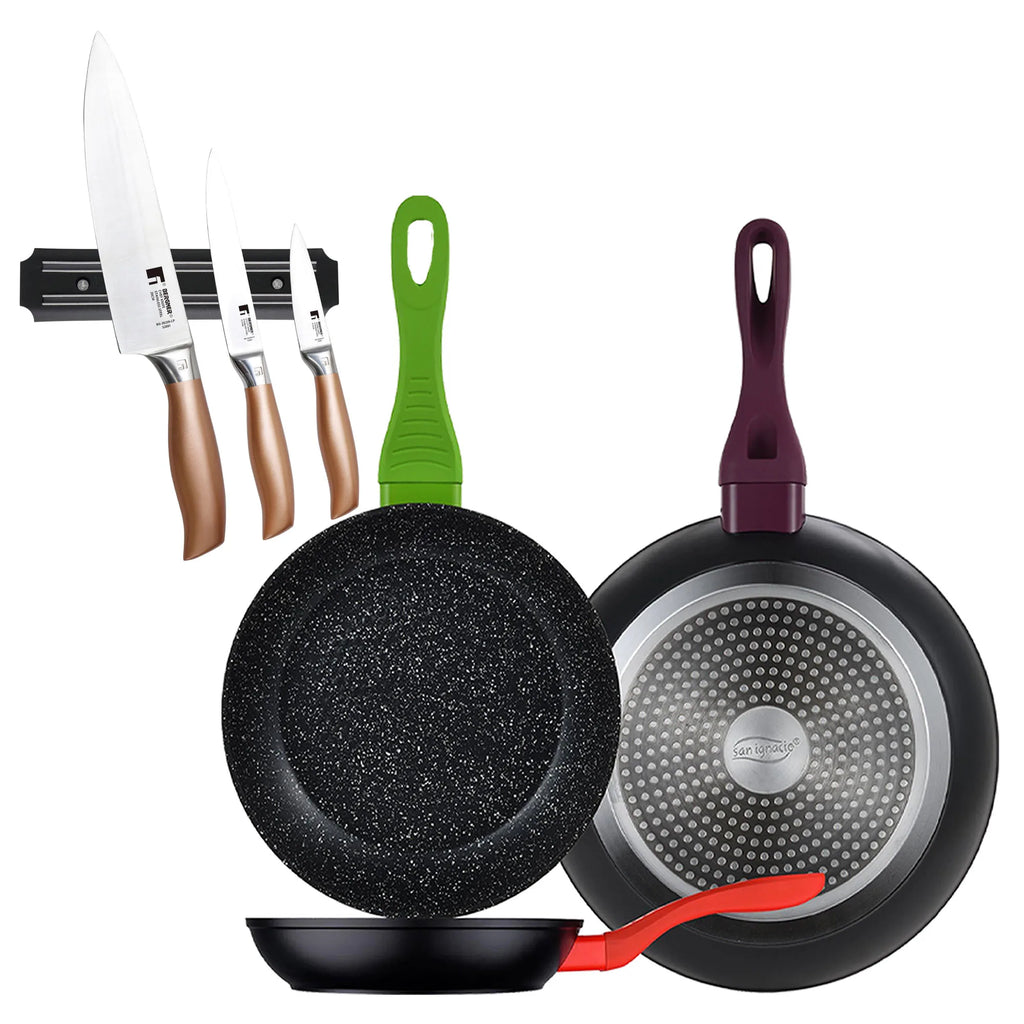 Set of 3 San Ignacio 20/24/28 forged aluminum frying pans induction compatible + Set of 3 stainless steel knives with magnetic