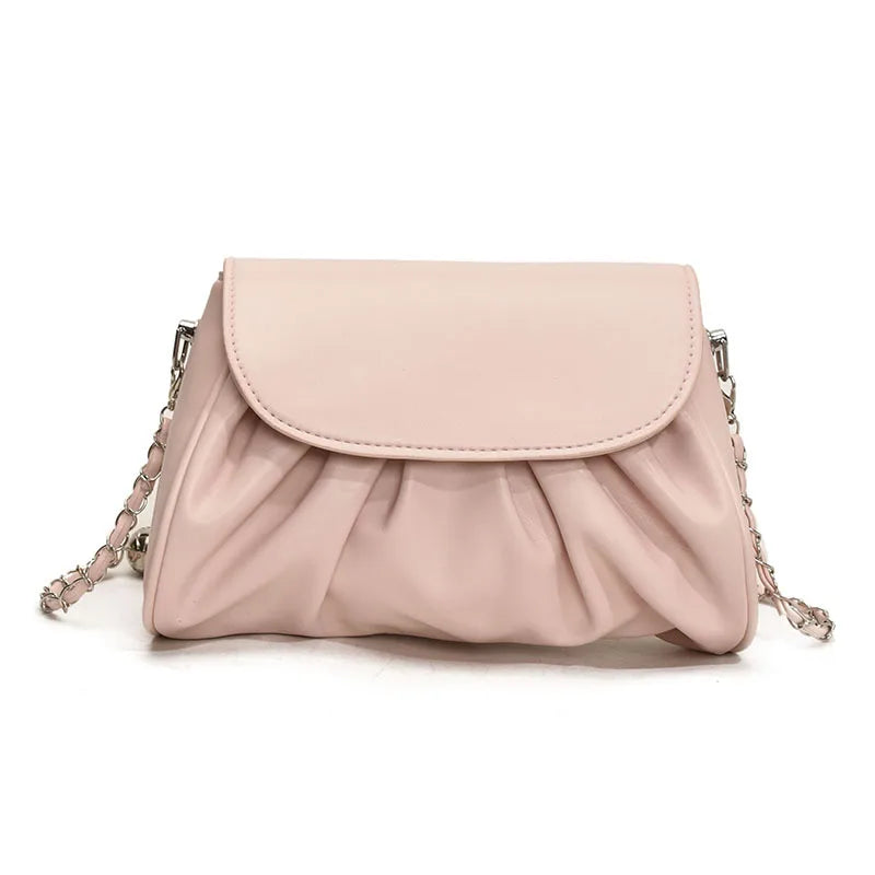 Cute Simple Chain Handbag for Girls Spring Solid Pleated Shoulder Bag Single Strap Zipper Closure Polyester Fashion for Ladies