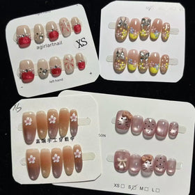 Handcrafted Luxury Cute Pink Red Sakura Floral Butterfly Bow Custom Oval Short False Nails 065 066 067 068