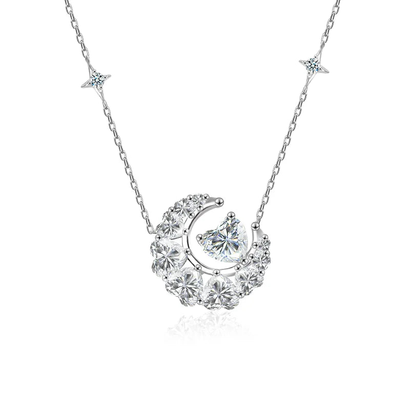 XMZ111 Trendy 925 Sterling Silver Moissanite Pendant Necklace for Women Moon Heart Pendant Engagement Wedding Party Jewelry