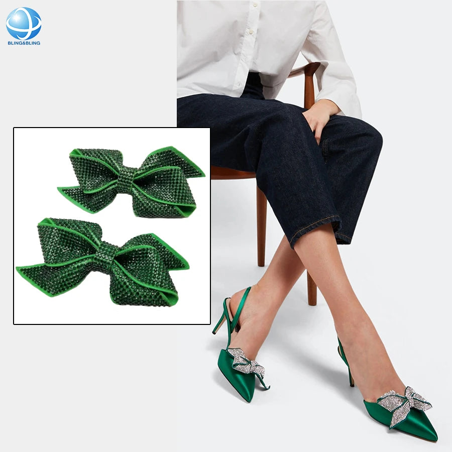 Full Rhinestone Leather Bow Knot Shoe Flower Accessories Bridal Bling Bows Buckle With Prong for Pump Slipper Shoe Buckle