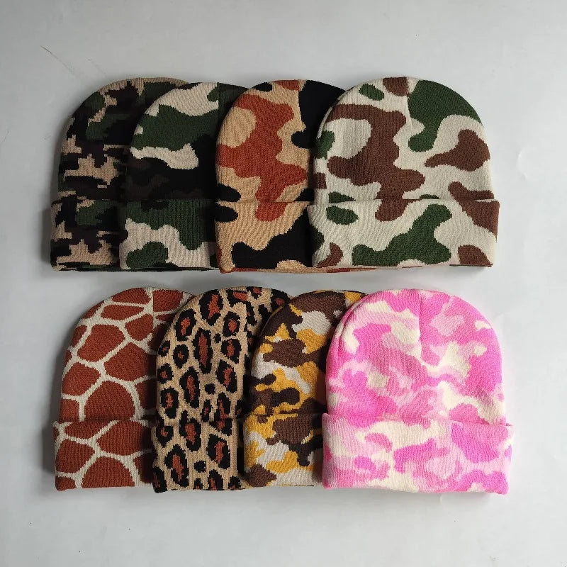 Custom Leopard Print Beanie Jacquard Knitted Hats Men Women Outdoor Camouflage Beanie Winter Hats Windproof Warm Cold Hats