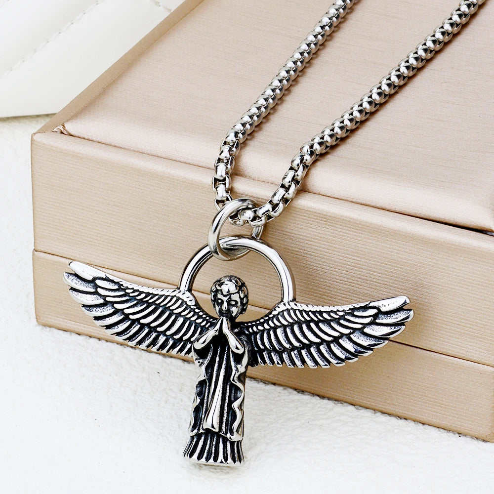 Stainless Steel Angel Wing Cross Pendant Guardian Frame Necklace