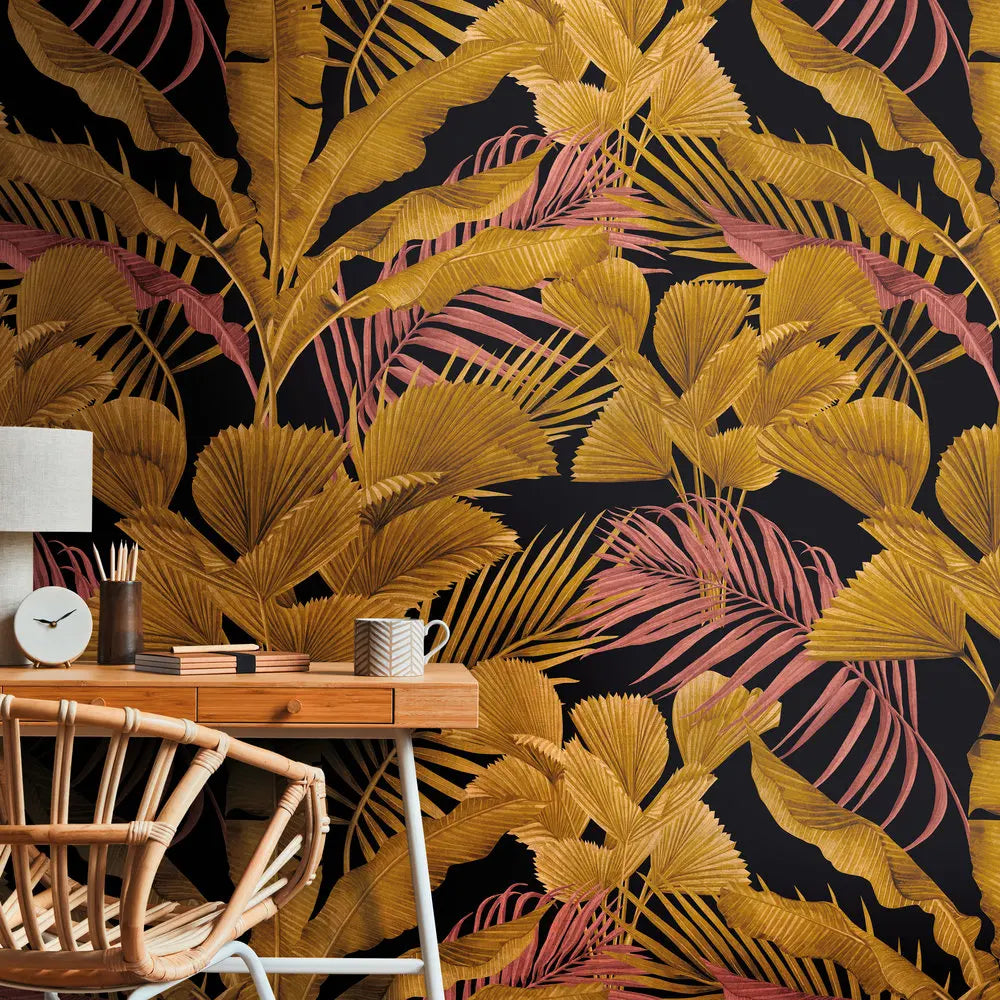 Germany Made Jungle Black Gold Pink Yellow Non Woven Vinyl Wall Mural for Bedroom Hospital Mall & Gym-Moisture-Proof 1.59x2.80m