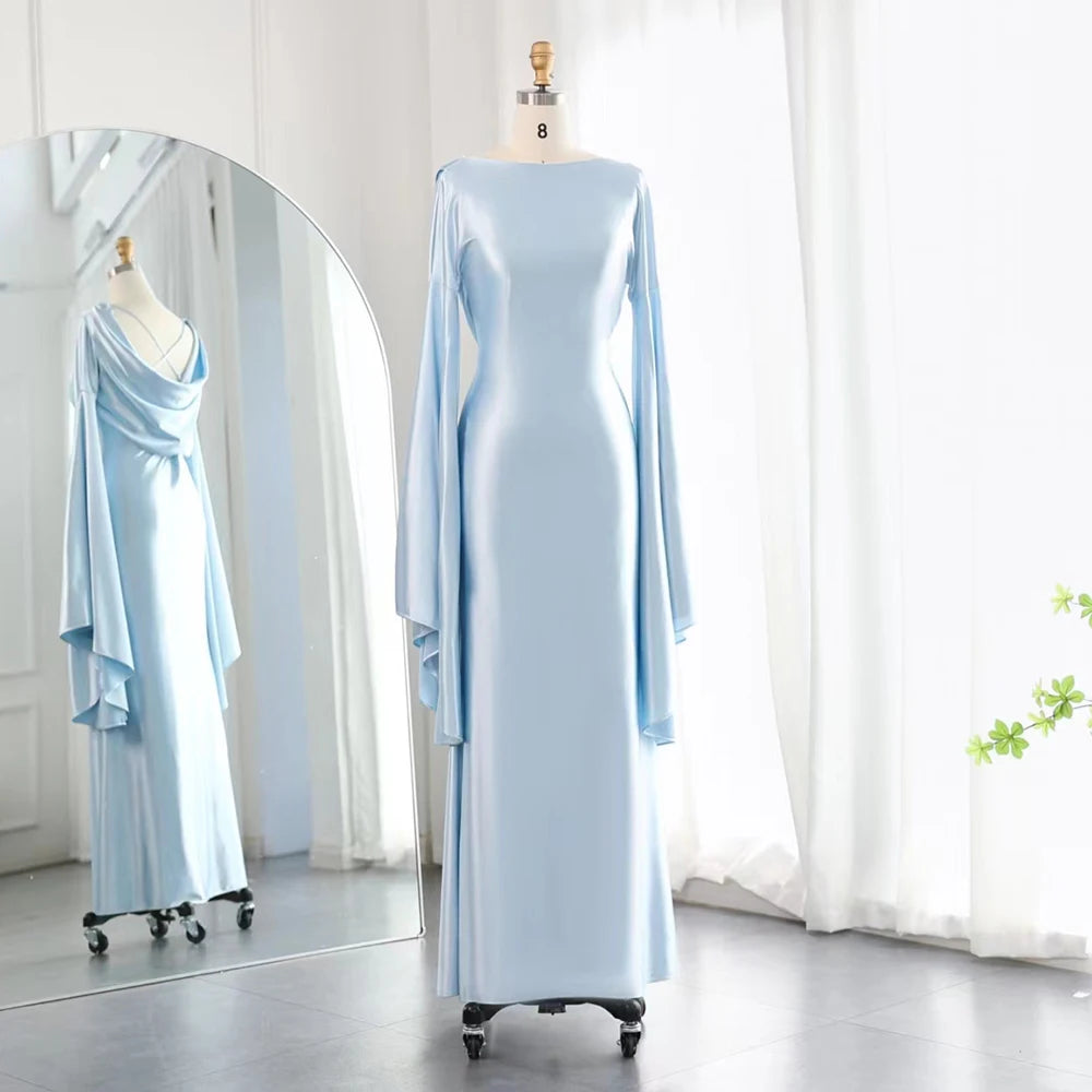 Jancember SF027 Glossy Light Blue Arabic Mermaid Slim Evening Party Prom